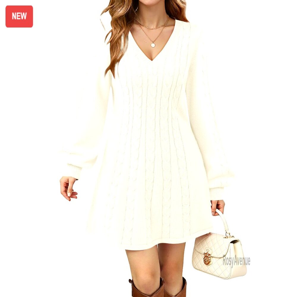 Long Sleeve Cable Knit V Neck Babydoll Sweater Dress, Ribbed Knit Mini Dress